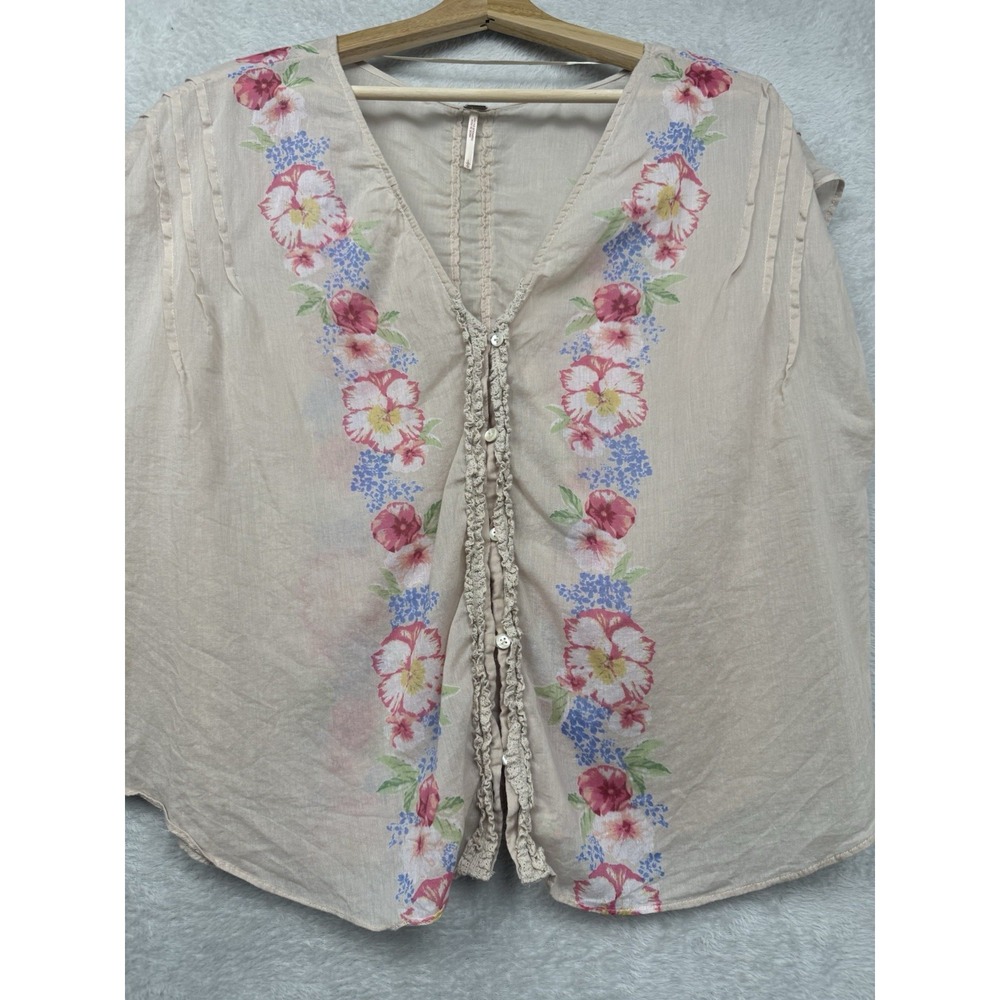 Free People Floral Embroidered Blouse Coastal Boho Cottagecore Peasant Top Lg - Picture 4 of 9
